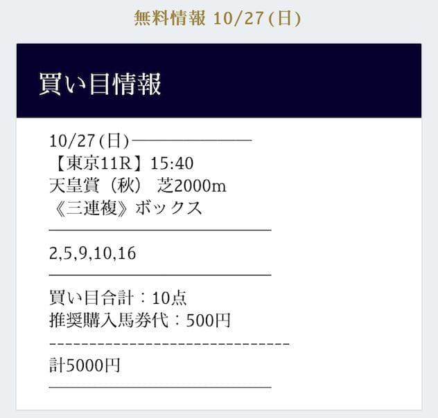 買い目情報10/27(日)東京11R